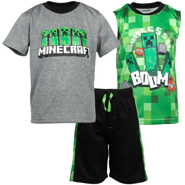 Minecraft Creeper Little Boys T-Shirt Tank Top and Mesh Shorts 3 Piece Outfit Set Little Kid to Big Kid, Boy's, Size: 4