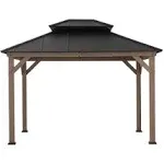 SUNJOY 10 x 12 ft. Wood Gazebo, Outdoor Patio Steel Hardtop Gazebo, Cedar Framed Wooden Gazebo with 2-Tier Metal Roof, Suitable for Patios, Lawn and Backyard, Dark Brown Roof + Dark Wood Frame