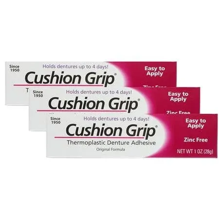 Cushion Grip Thermoplastic Denture Adhesive, 1 oz | Refits and Tightens Loose and Uncomfortable Dentures | Non-Glue Adhesive, Acts Like a Soft Reliner (Pack of 3)