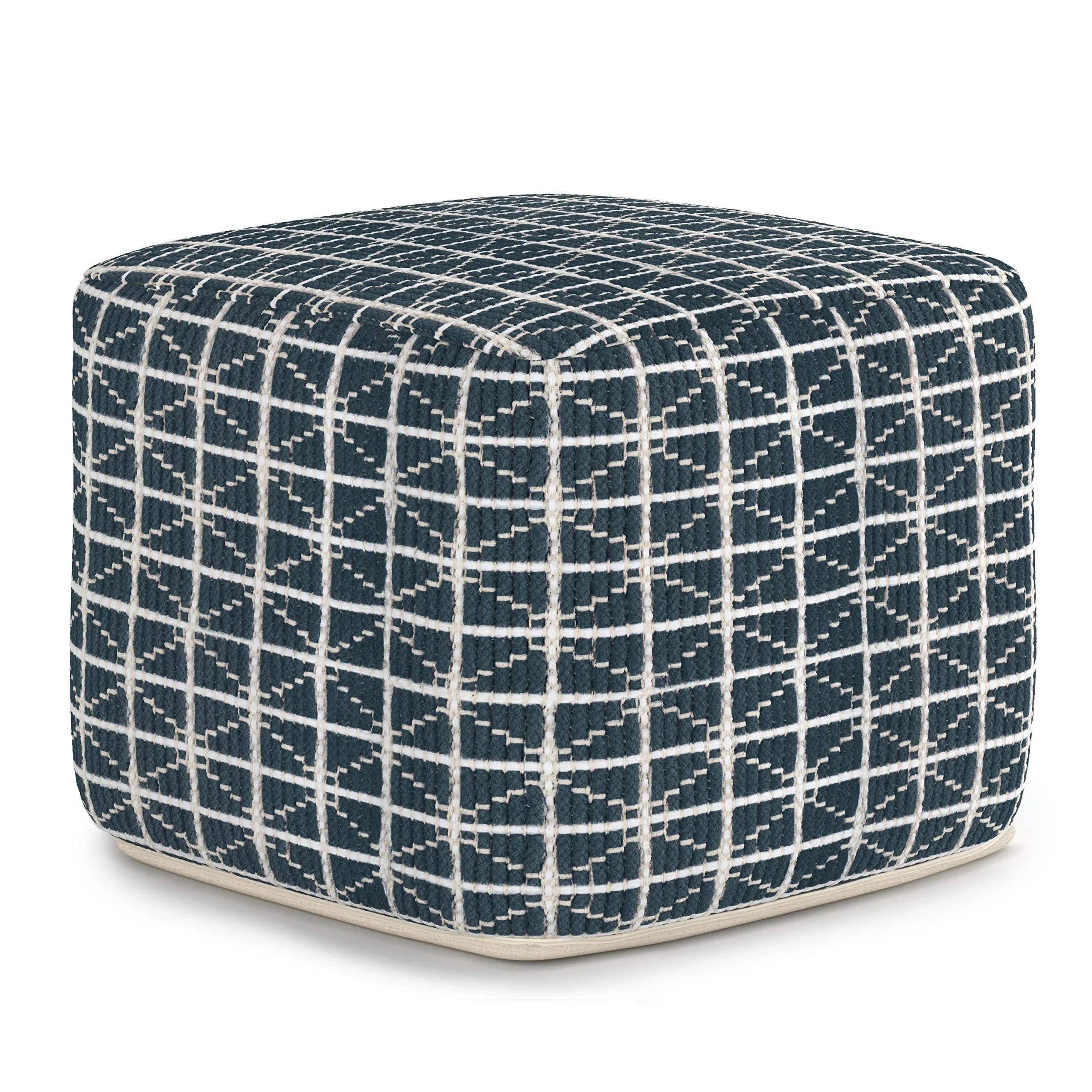 SIMPLIHOME Noreen 18 Inch Boho Square Pouf in Dark Blue and White Handloom Woven Pattern, For the Living Room, Bedroom and Kids Room