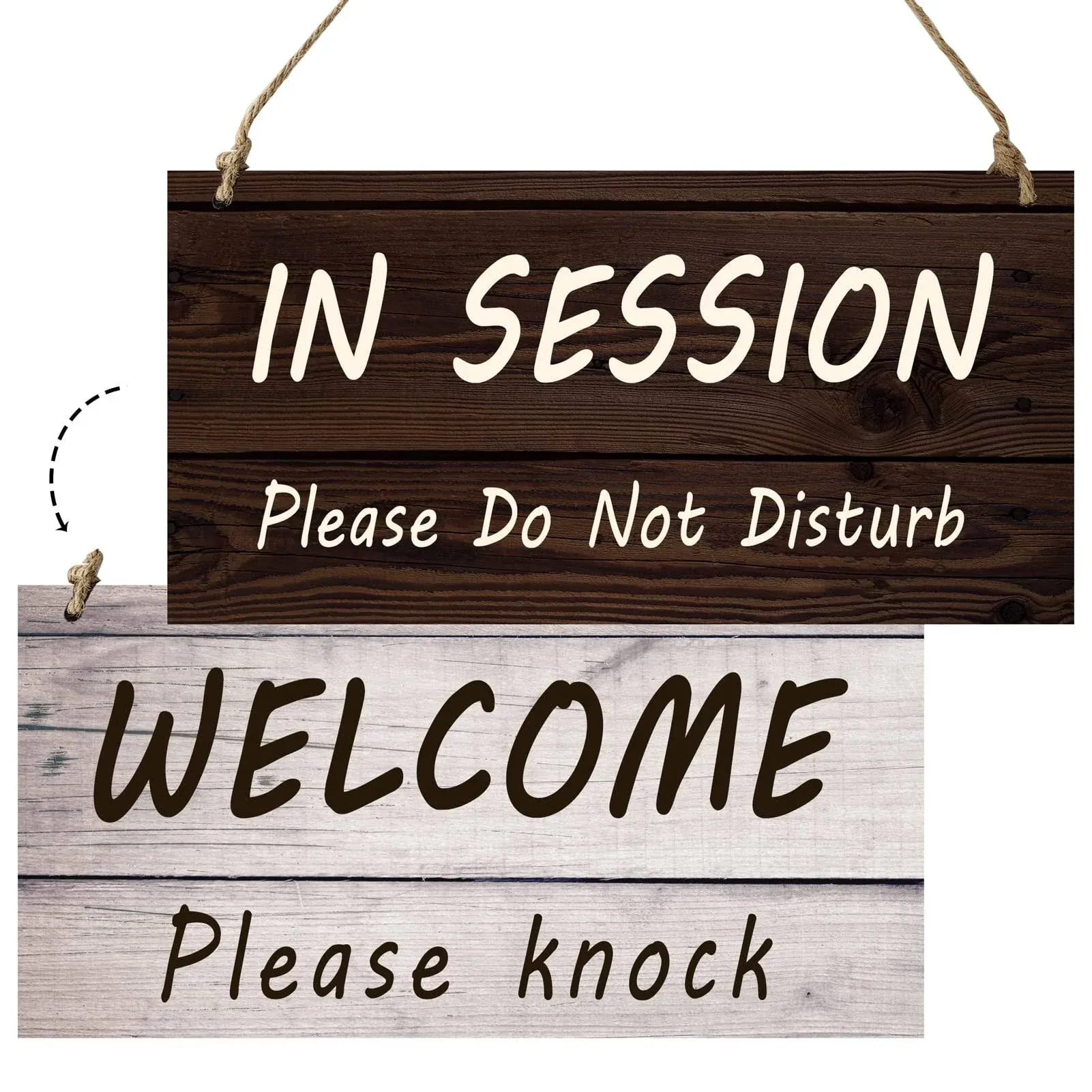 In Session Do Not Disturb Door Sign, Double-Side Plaque for Business, Office, Therapist, Treatment, 12x6 Inches Welcome Please Knock Wooden Hanging Sign