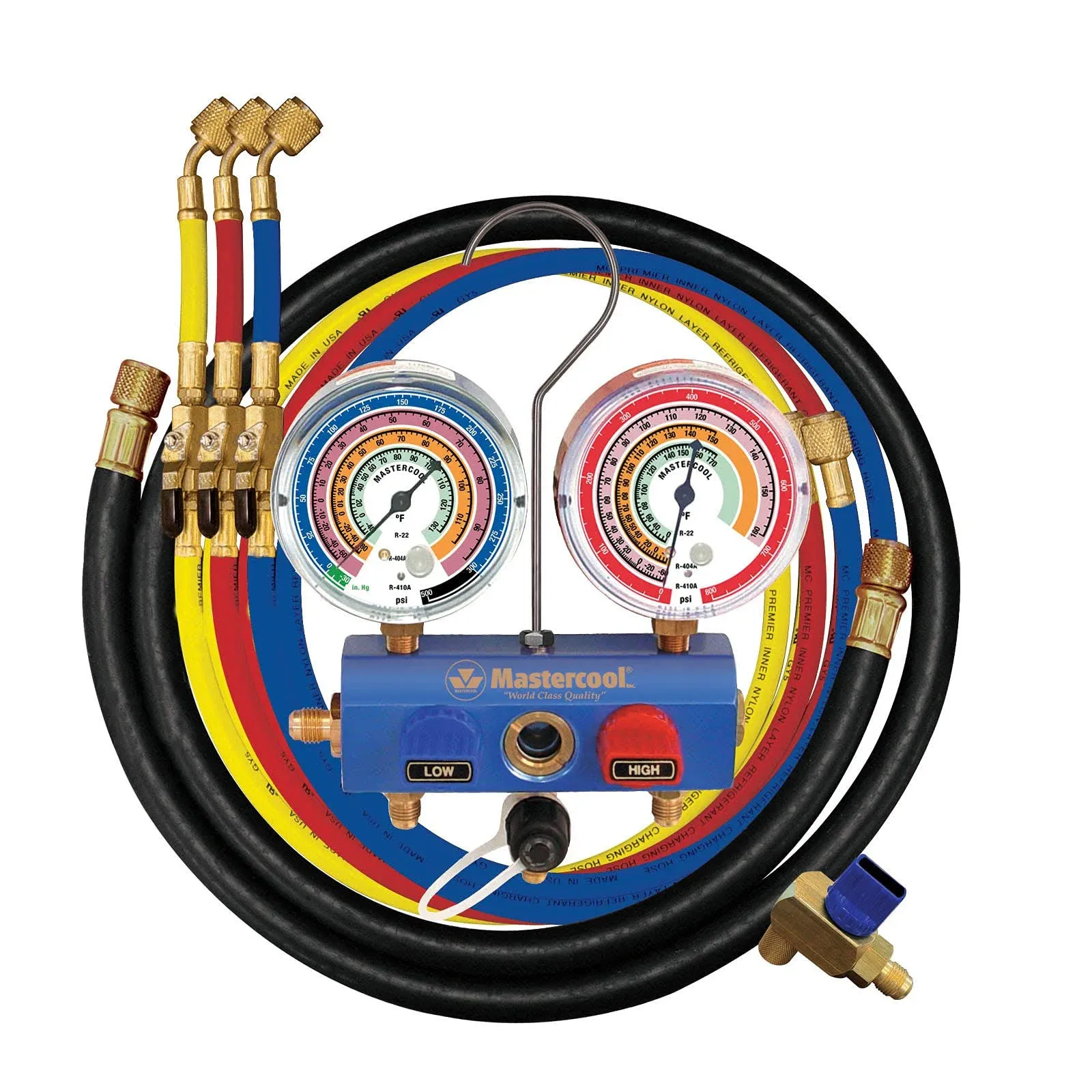 Mastercool (59861 Blue R410A, R22, R404A 3-Way Manifold Set with 3-1/8" Gauges and 60" Hoses