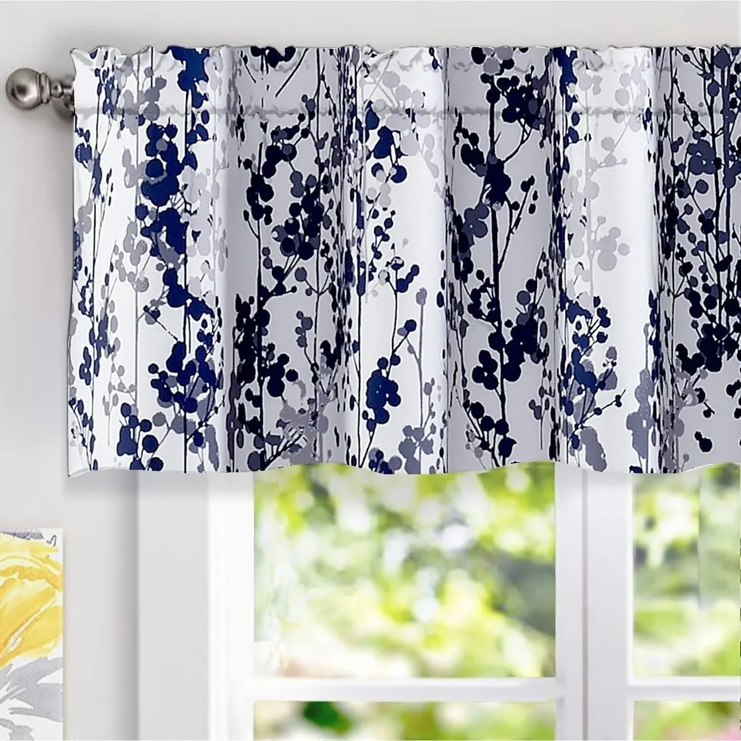 DriftAway Leah Abstract Floral Blossom Ink Painting Window Curtain Valance 52 x18 +2 header(Navy)