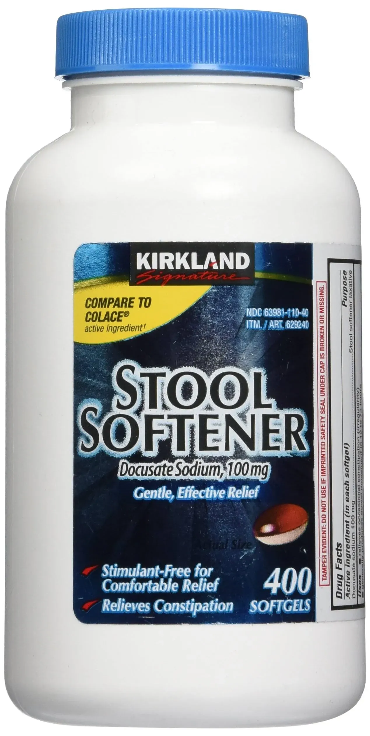 Kirkland Signature STOOL SOFTENER Docusate Sodium 100mg 400 Softgels EXP 05/25