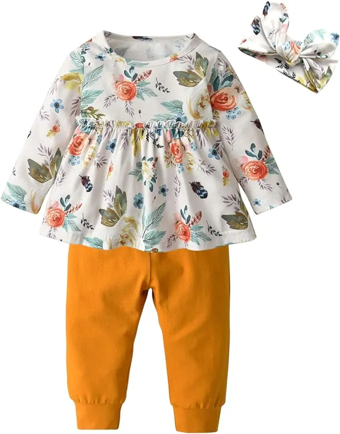 Rebey 3pcs Baby Girl Clothes Ruffle Floral Shirt Tops Pants Headband Outfit Sets