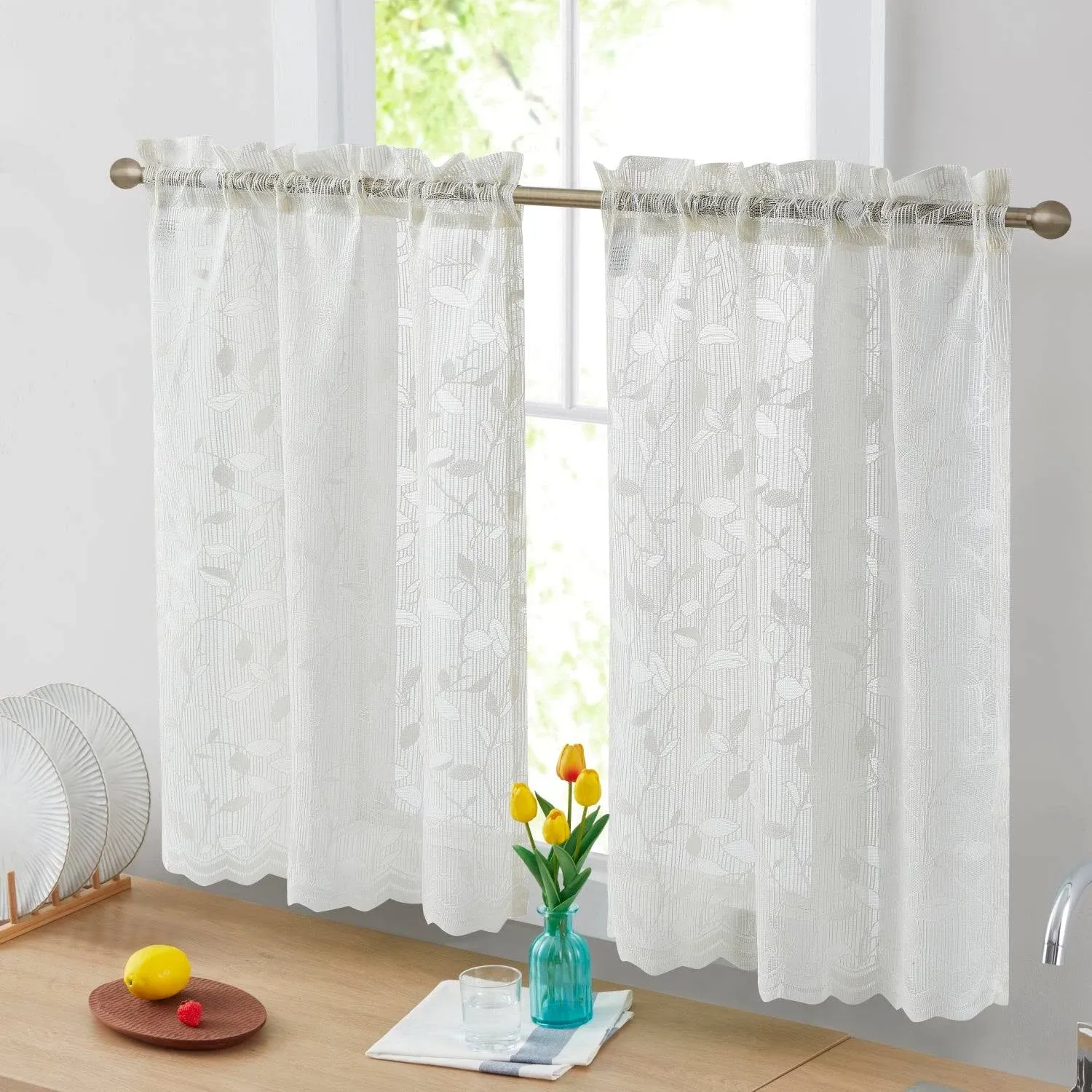 HLC.ME Joyce Lace Sheer Kitchen Cafe Curtain Tiers for Small Windows, Kitchen & Bathroom - 30 W x 36 L inch Linen Taupe