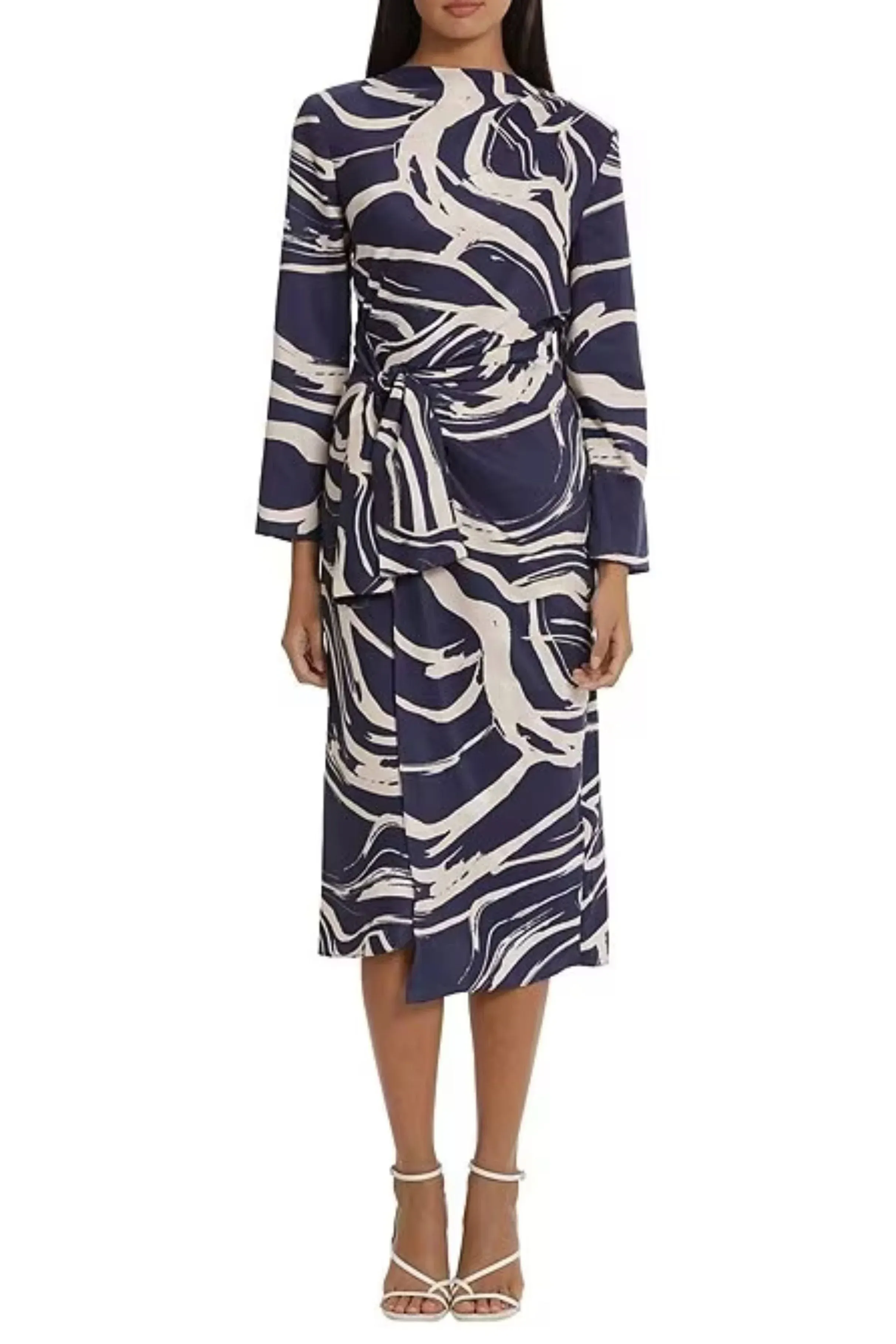 DONNA MORGAN FOR MAGGY Tie Waist High Neck Long Sleeve Midi Dress in Navy/Beige