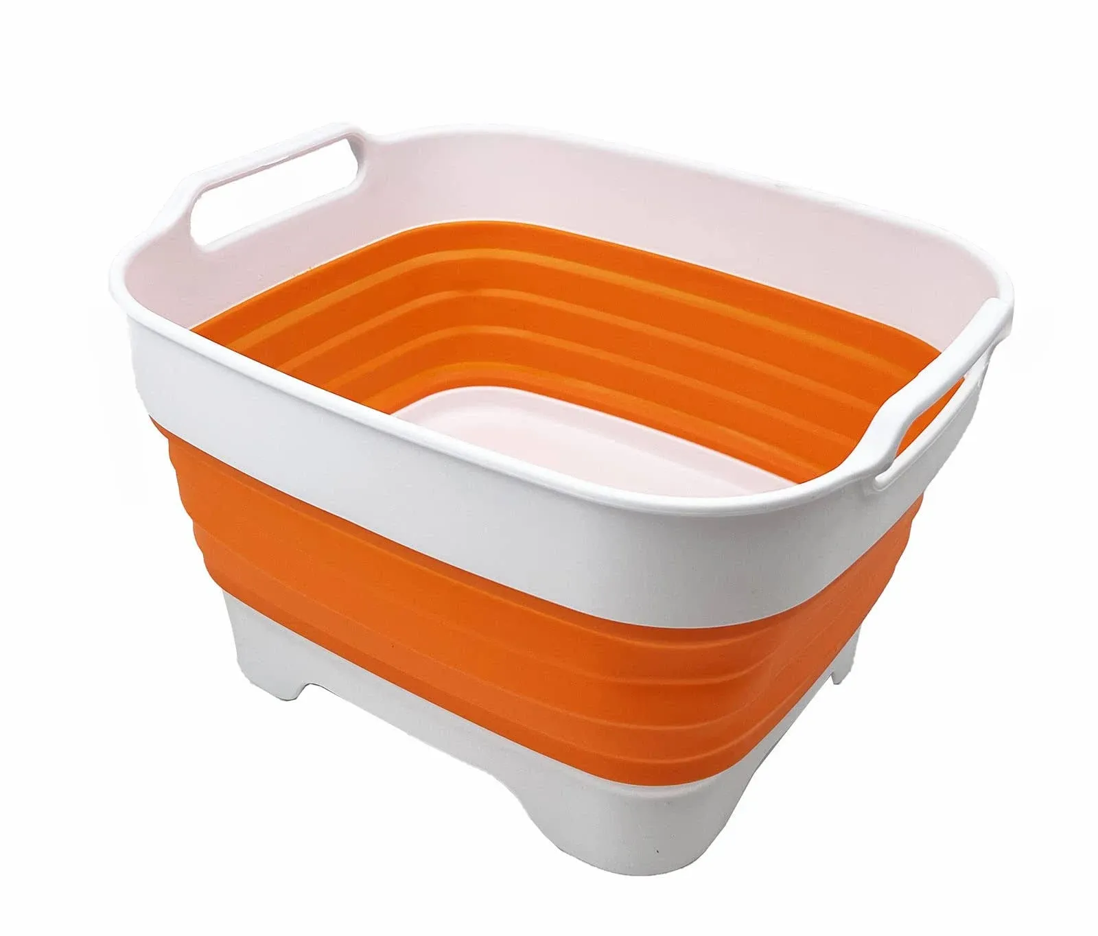 SAMMART 7.5L (2 Gallons) Collapsible Dishpan with Draining Plug - Foldable Washing Basin - Portable Dish Washing Tub - Space Saving Kitchen Storage Tub (White/Orange)