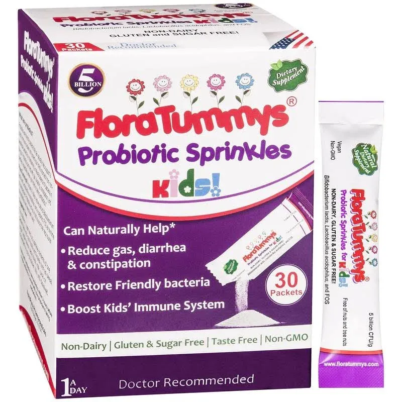 Probiotics for Kids: 30 Taste-Free Powder Packets, Free of Food Allergens, Non-Dairy, Gluten Free, Sugar Free, Non-GMO, Vegan