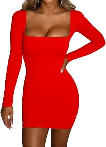 Women’s Sexy Puff Sleeve Bodycon Dress Square Neck Club Party Mini Dresses,Red