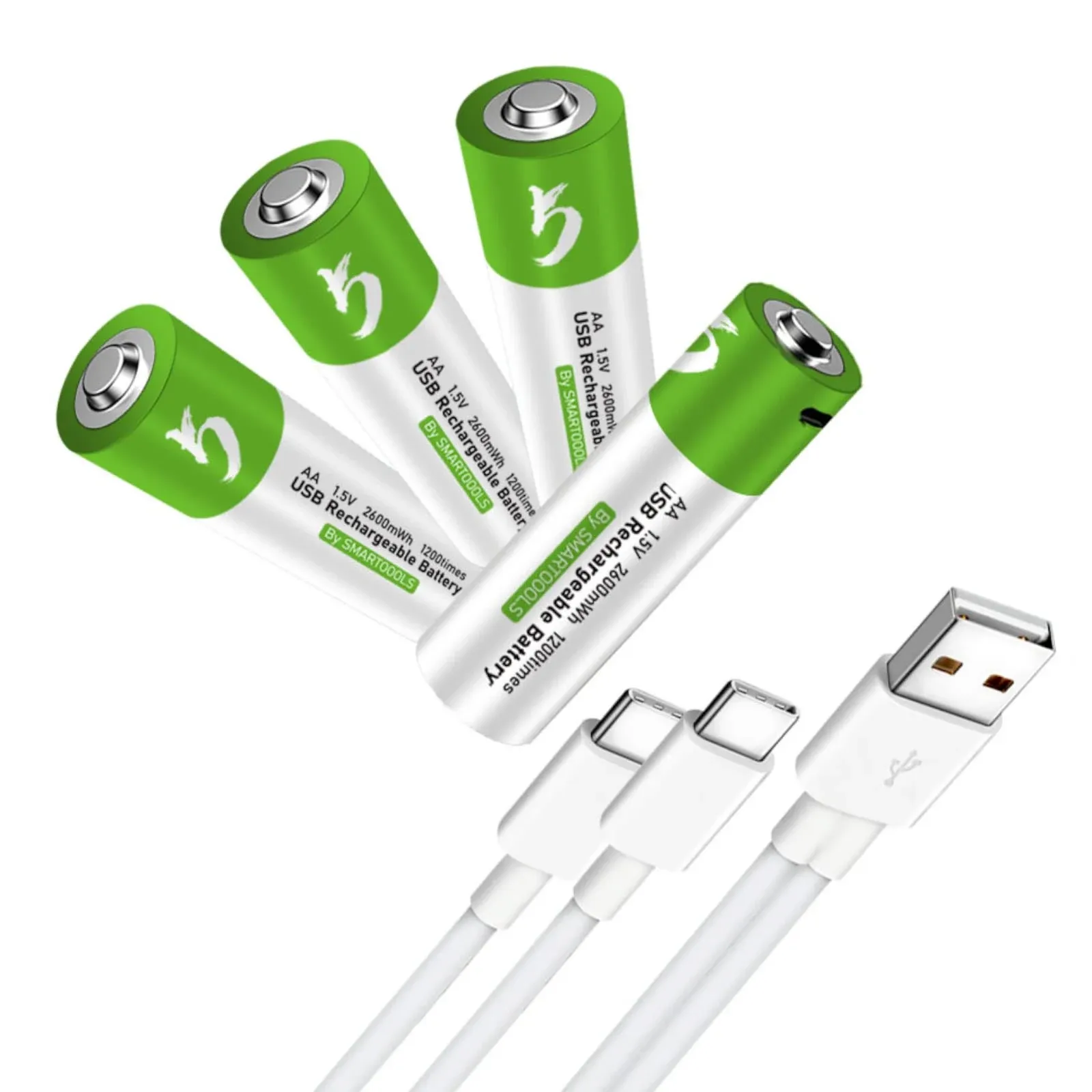 4 Pack AA Batteries, Rechargeable AA Batteries, 2600mwh with 4 in 1 USB Type C Charger Cable Double A Lithium Batteries 1.5V AA Battery, Long-Lasting Power