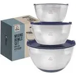 Chef Pomodoro Stainless Steel Mixing Bowls with Lids, 3 Piece Set (1.5qt, 3qt, 5QT) Navy Blue