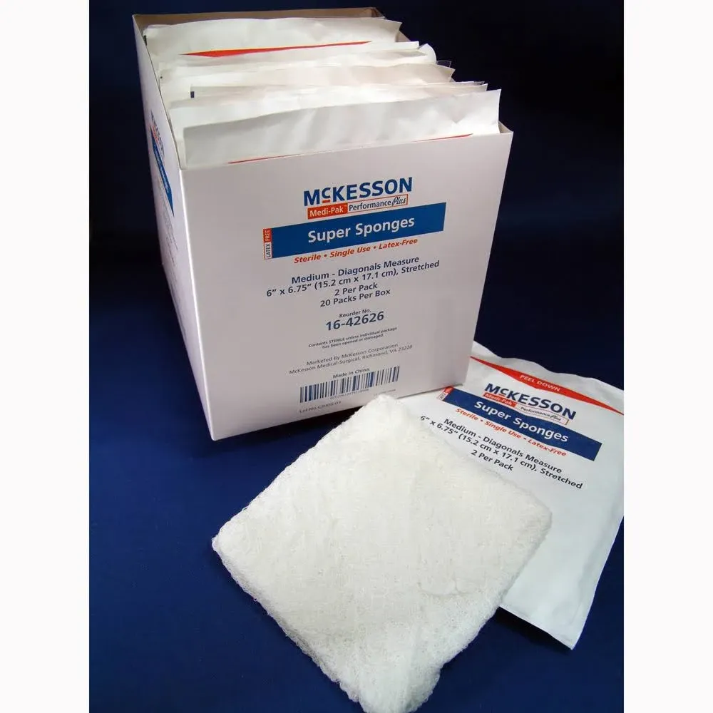 McKesson Super Sponges, Sterile, 100% Cotton, Fluff Dressing, 6 in x 6 3/4 in, 2 per Pack, 20 Packs, 40 Total