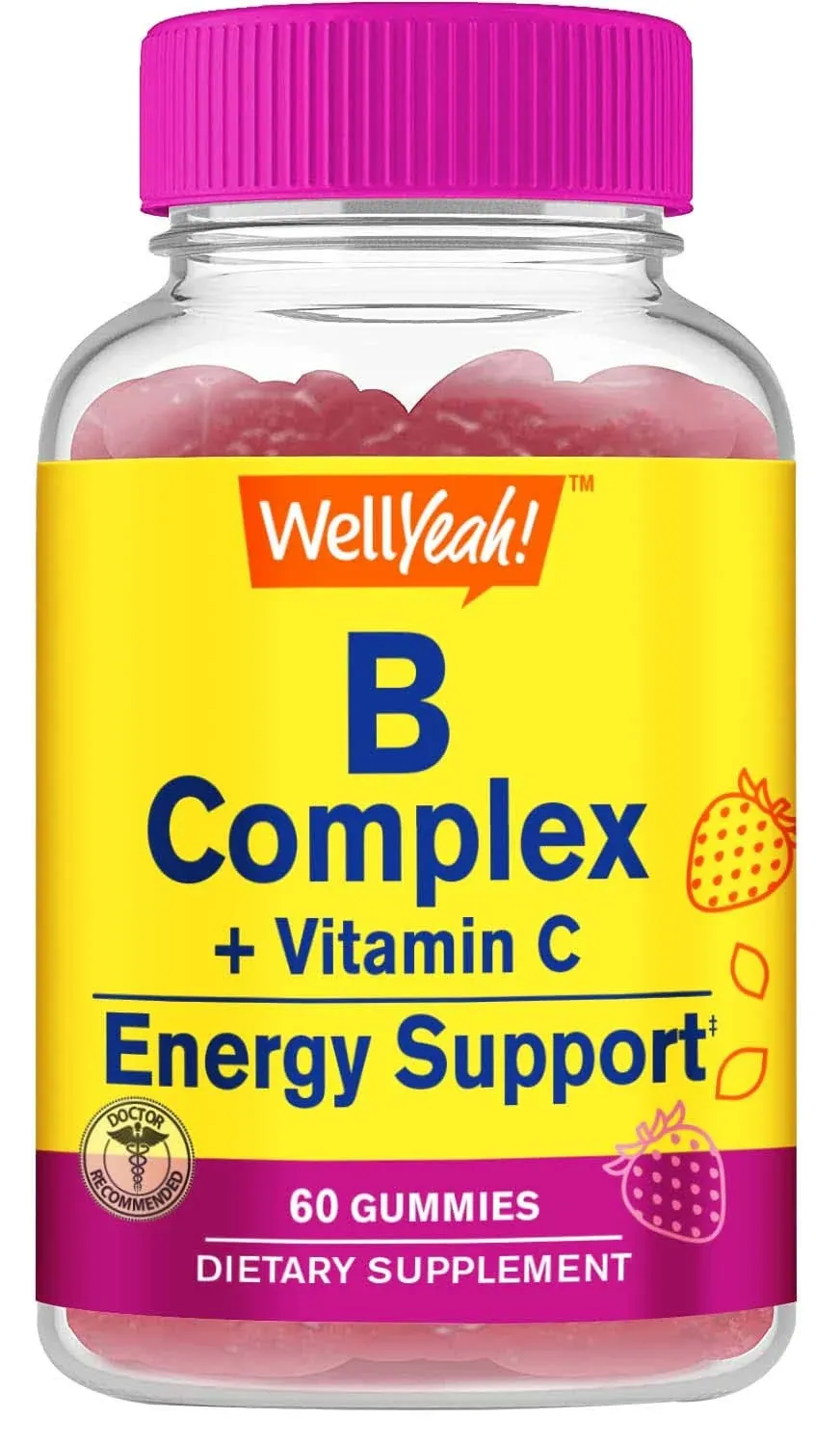 Vitamin B Complex Gummies -with Vitamin C, Niacin, Vitamin B6, Folic Acid, Vitamin B12, Biotin & Pantothenic Acid - 2 Month Supply -Natural Sourced Flavors, Non GMO, Gluten Free -60 Gummies