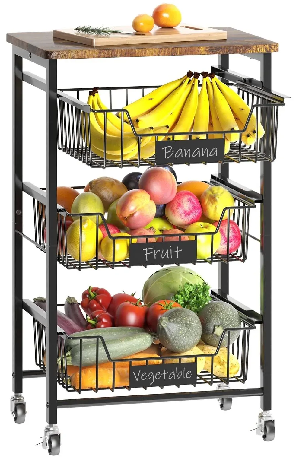 CHLORYARD 4-Tier Vegetable Fruit Basket Kitchen Storage Rolling 4 Tier, Black 