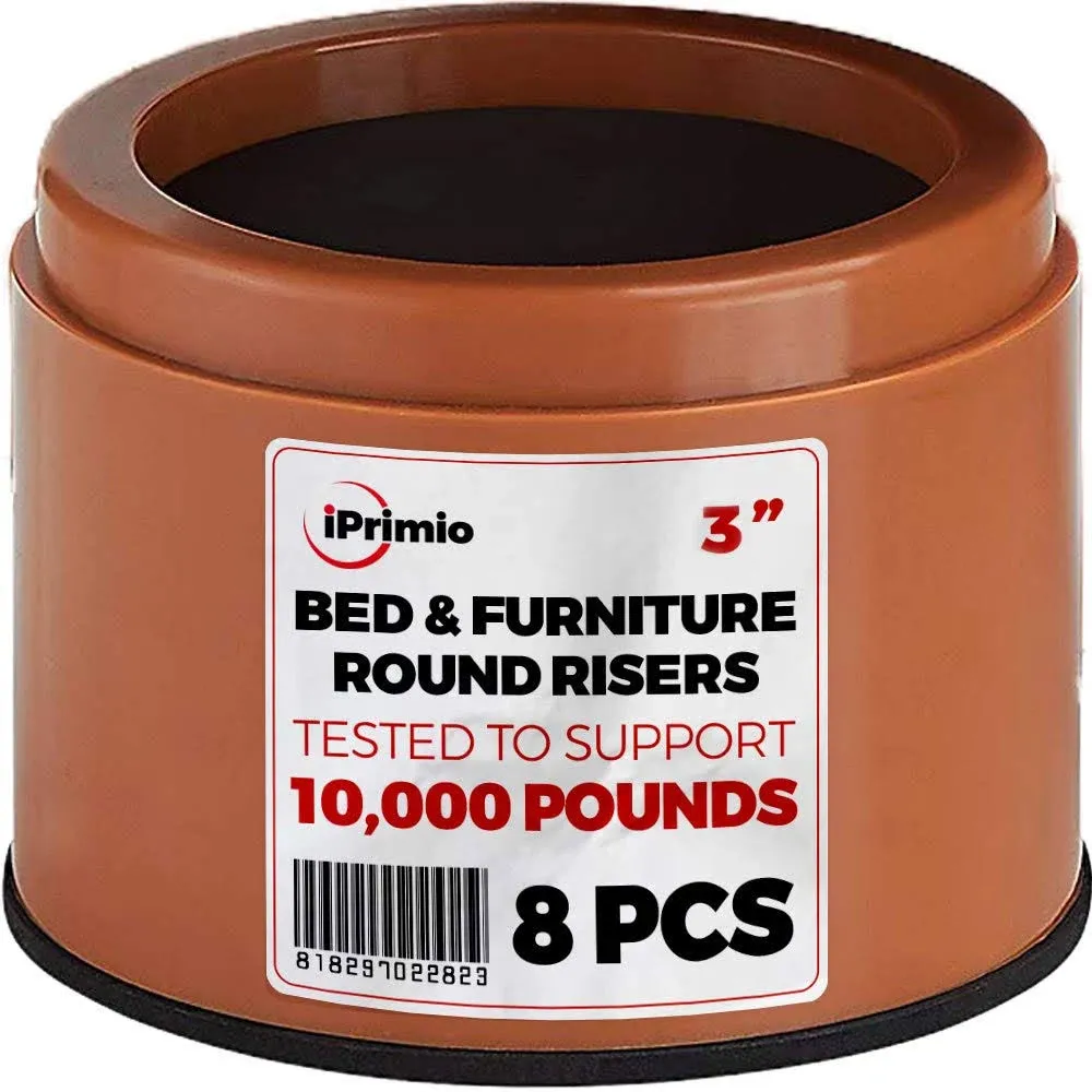 iPrimio Bed Risers - Round, 3 Inch Lift, Heavy Duty, 8 Pack, Up to 10000lbs - Bed Raising Blocks, Furniture Risers - Safe, Sturdy Bed Lifts for College Dorm Rooms, Couches, Tables, Desk Riser