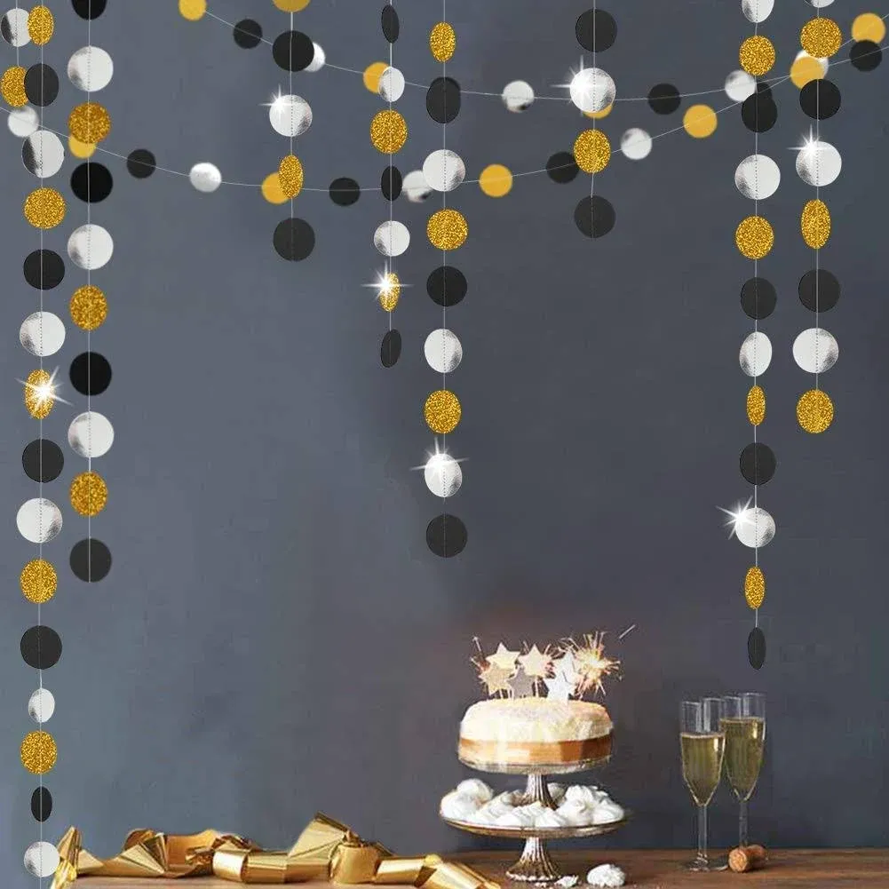 Decor365 52 Feet Gold Back Circle Dots Garland Streamers Party Decorations Glitter Black Hanging Streamer Banner Backdrop Decoration for Birthday Wedding New Year Graduation Gatsby Hollywood Silver