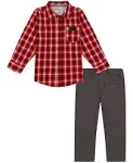 Calvin Klein | Baby Boys Plaid Long Sleeve Button Front Shirt and Prewashed Twill Pants, 2 Piece Set - Red | Realry