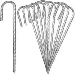 10Pack 12” Heavy Duty J Hook Ground Stakes, Galvanized Rebar Tent Stakes, Curved Steel Plant Support Garden Stake, Chisel Point End Stakes for Camping Tent, Swing Sets, Fence Stakes