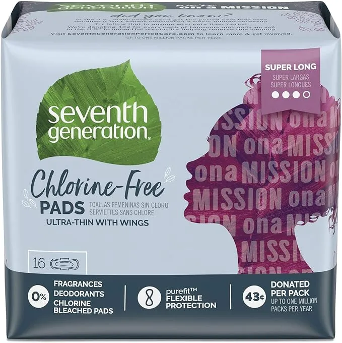 Seventh Generation Chlorine-Free Ultra Thin Pads with Wings, Super Long, 16/Pack, 6 Packs/Carton