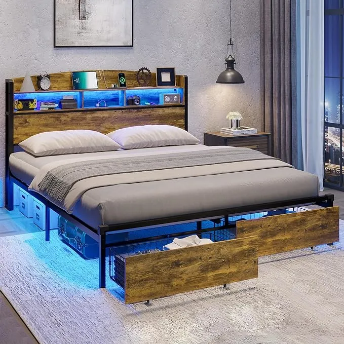 Queen Size Platform Bed with Storage Drawers,Metal Bed Frame with LED Light ...