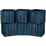 Fabric Storage Cubes Bins Blue Cloth Print Teal Yellow Stripes Cubicle Cube Storage Bins 11x11x11 In Foldable Storage Cube Boxes Storage Baskets Inserts Cube Drawer for Organizers Storage QY-SC17-6