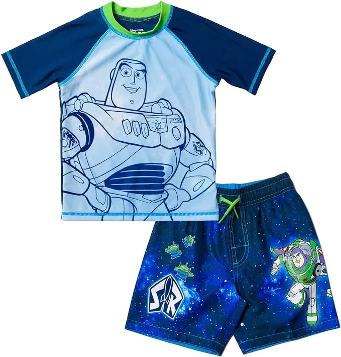 Disney Pixar Toy Story Buzz Lightyear Alien Toddler Boys Rash Guard and Swim Trunks Outfit Set Infant to Little Kid