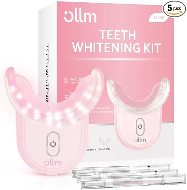 Ollm Teeth Whitening Kit Gel Pen Strips - Specially Formulated for Sensitive Teeth, Gum,Braces Care 32x LED Light Tooth Whitener, Professional Oral