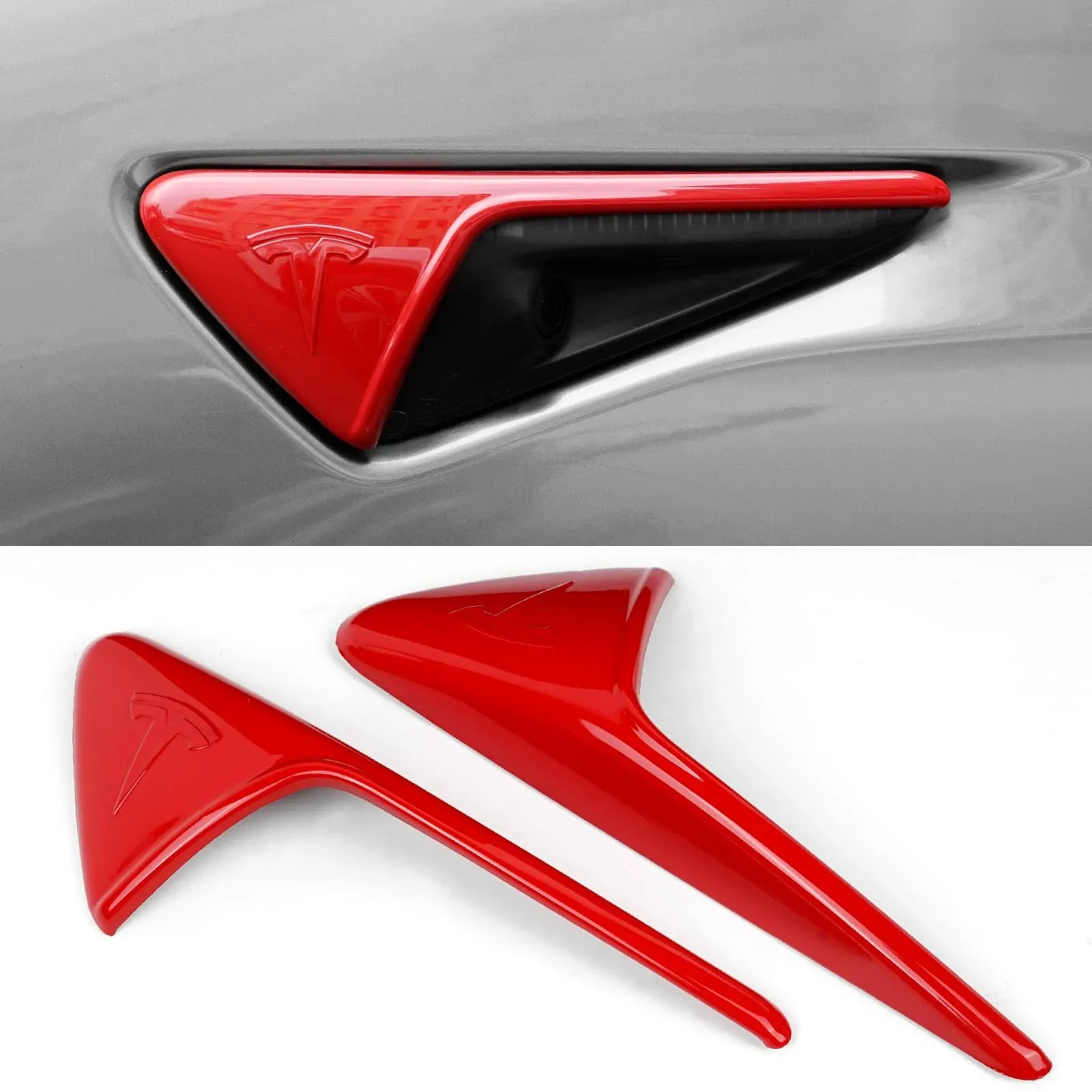 2 Pcs Side Camera Cover Compatible with Tesla Model 3 (2017-2023) Model Y (2019-2022) Turn Signal Side Covers Exterior Accessories Hardware 3 Camera Protect Decal Cover (Glossy/Red)