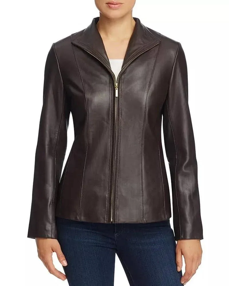 Cole Haan Women's Fully Lined Wing Collar Leather Coat