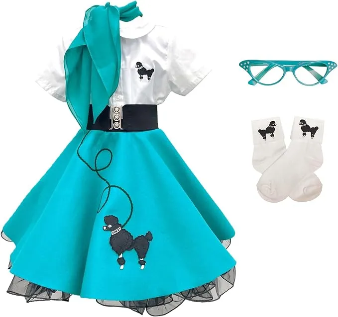 Hip Hop 50s Shop 7 Piece Child Poodle Skirt Outfit Size 12 Teal