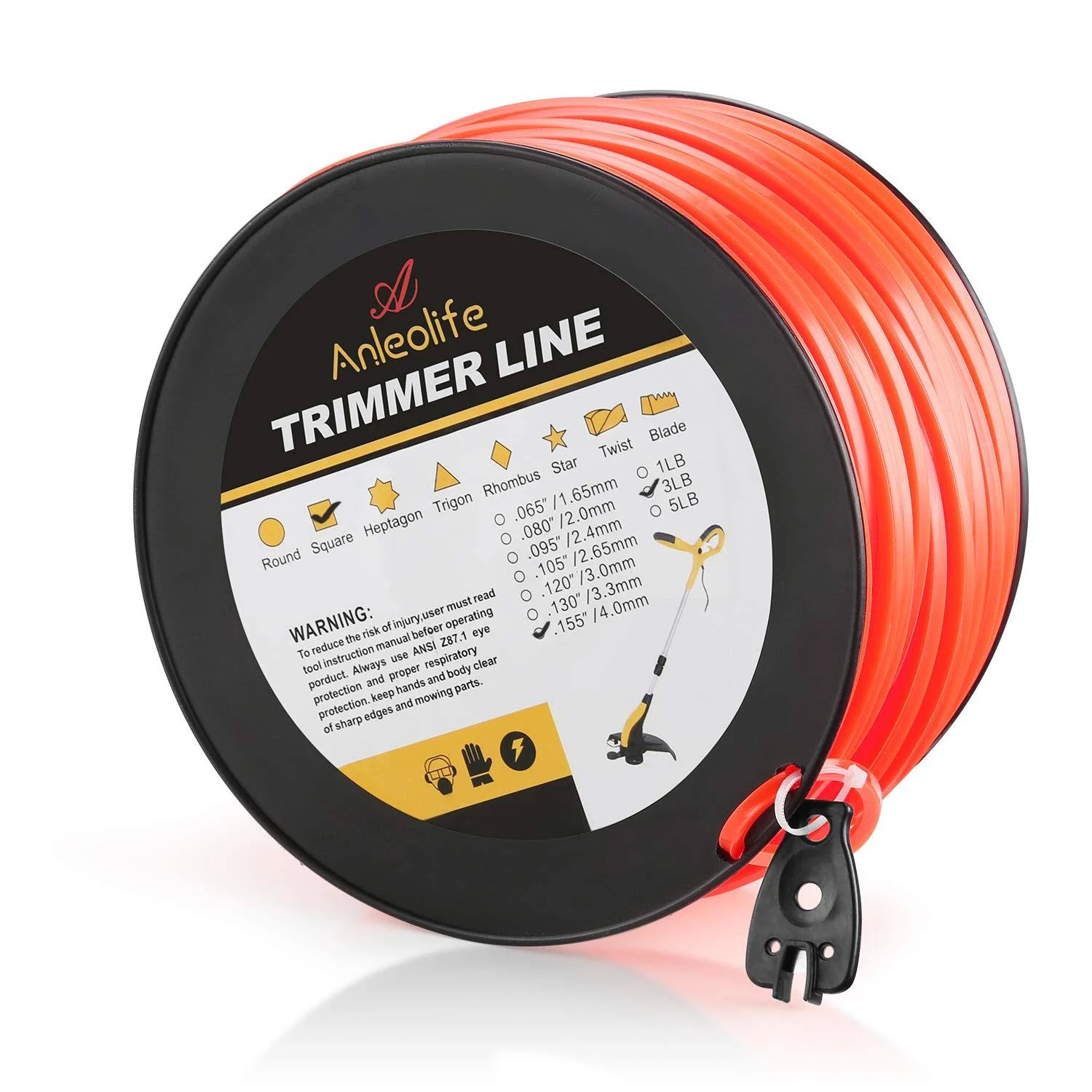 A ANLEOLIFE 3-Pound Commercial Square .155-Inch-by-280-ft String Trimmer Line in Spool,with Bonus Line Cutter, Orange