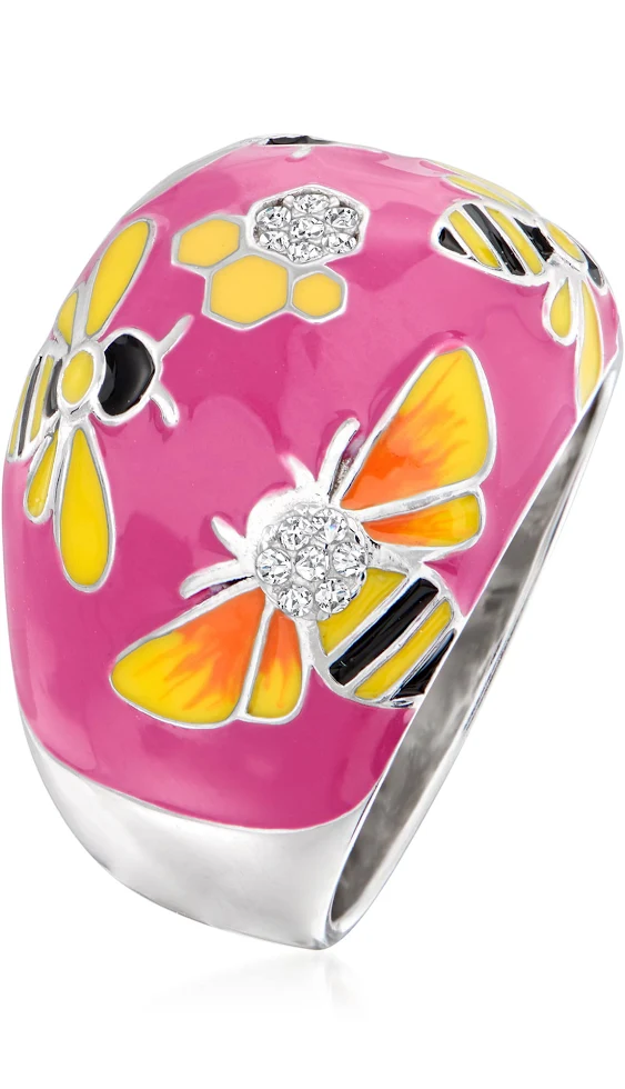 Ross-Simons 0.10 ct. t.w. White Topaz and Multicolored Enamel Bumblebee Ring in Sterling Silver for Female Adult