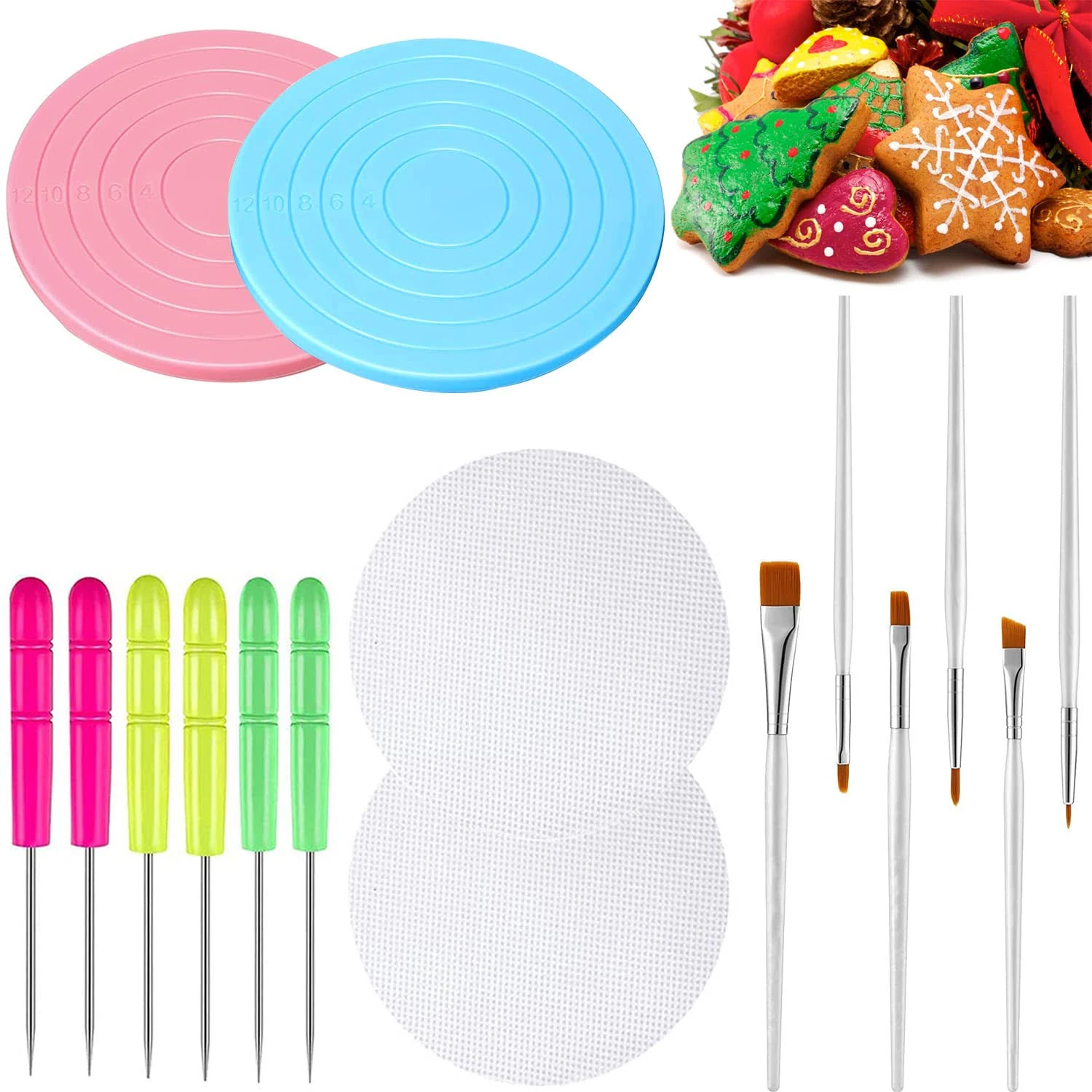 16 Pcs Cookie Decorating Kit Cookie Turntable Decorating Supplies with 2 Acrylic Cookie Turntable 6 Cookie Scribe Needle and 2 Silicone Mesh Mats 6 Cookie Decoration Brushes