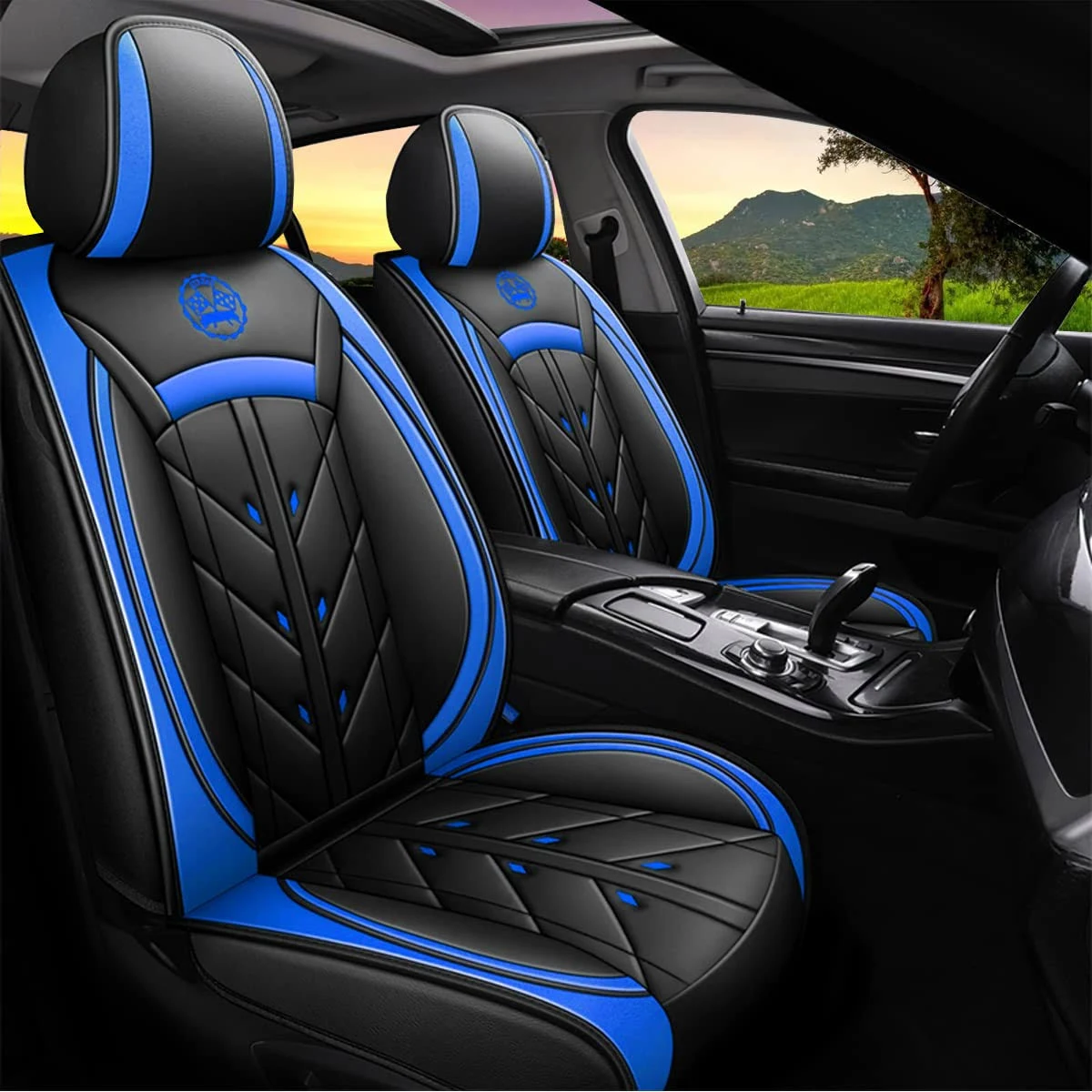 Car Seat Cover 5-Seats Full Set Universal fit, Suitable for Most Cars, SUV, Airbags Compatible with Synthetic Leather Car Seat Cushion Protectors(Black & Blue)