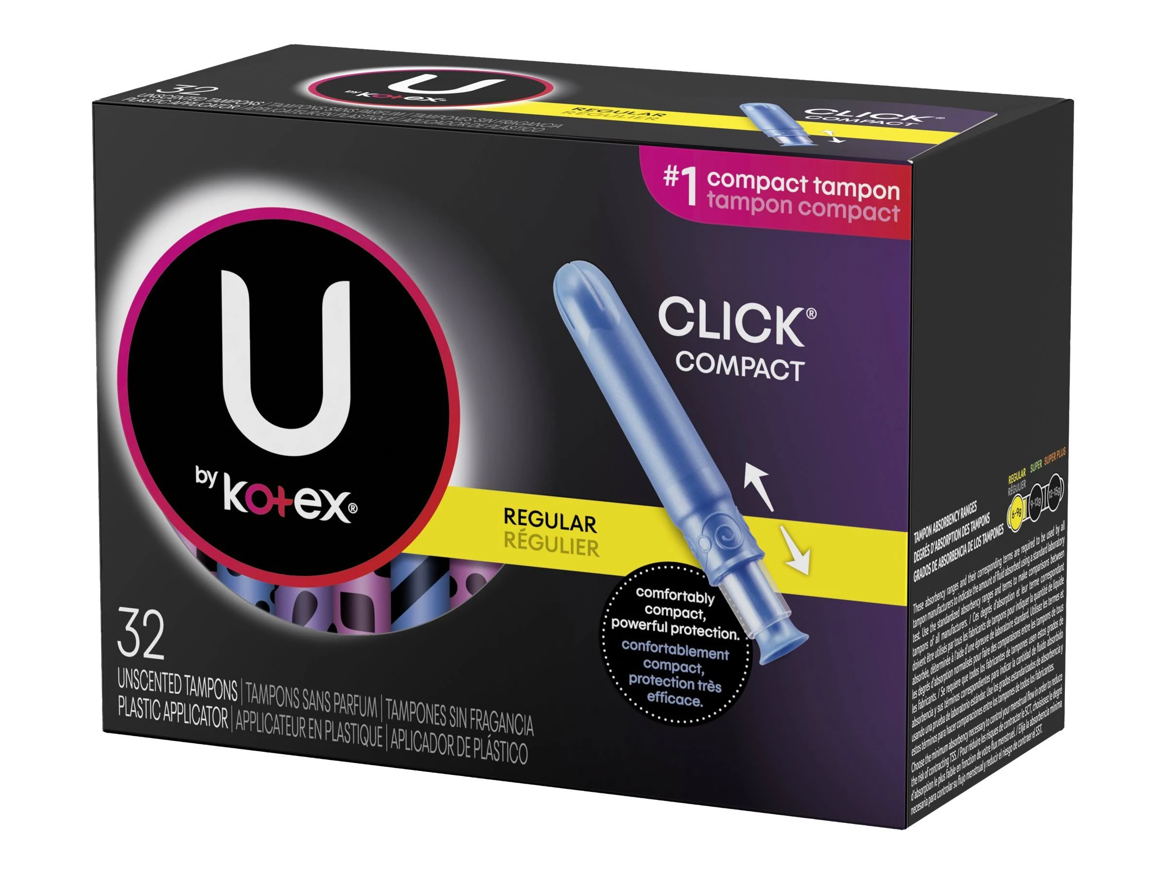 U by Kotex Click Compact Tampons, Regular, Unscented, 32 Count