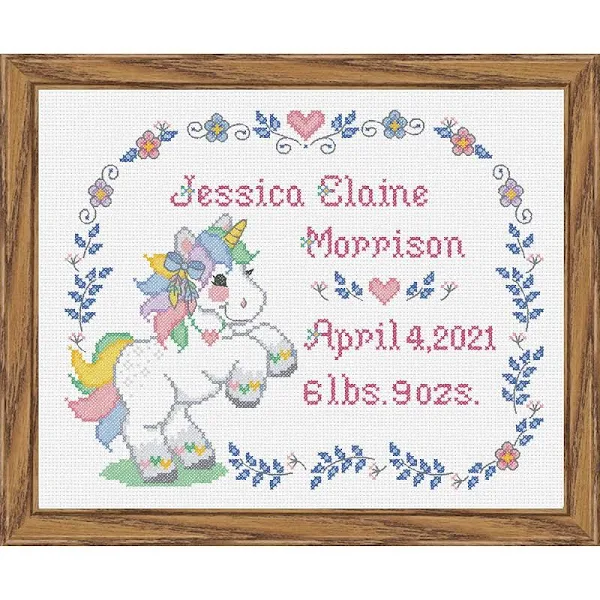 Herrschners Baby Boho Rainbow Unicorn Birth Record Counted Cross-Stitch Kit