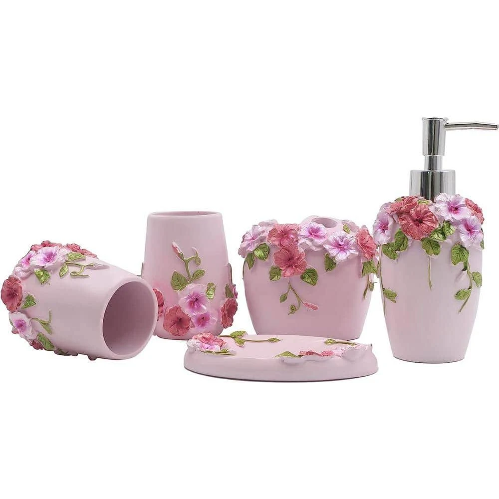 Vintage Pink Bathroom Accessories, 5Piece Bathroom Accessories Set, Bathroom Set Features, Soap Dispenser, Toothbrush Holder, Tumbler & Soap Dish - Bath Gift Set