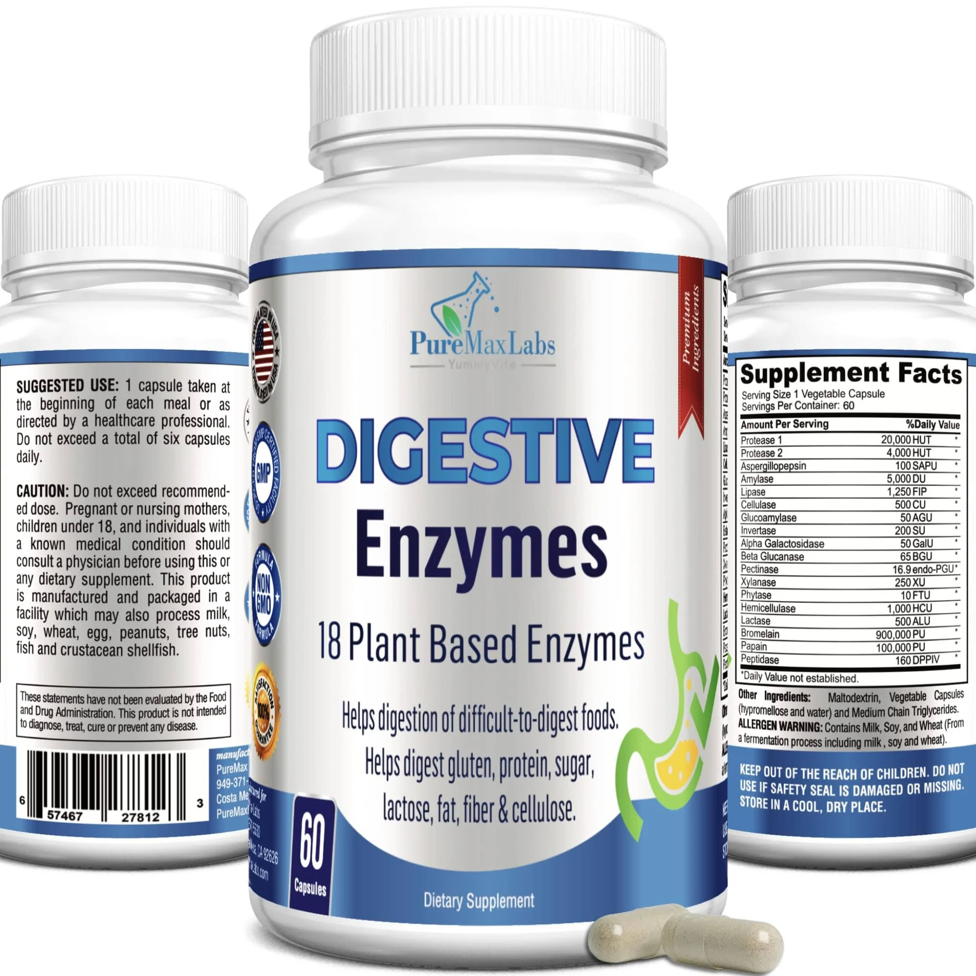 Digestive Enzymes - 18 Plant-Based Enzymes - Helps Digestion of Difficult-to-Digest Foods Including Lactose, Gluten, Beans, Broccoli, Meat, Fat &