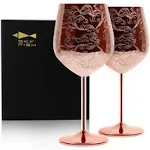 Sky Fish Etched Stainless Steel Wine Glasses with Copper Plated,Set of 2(17oz) Wine Goblets