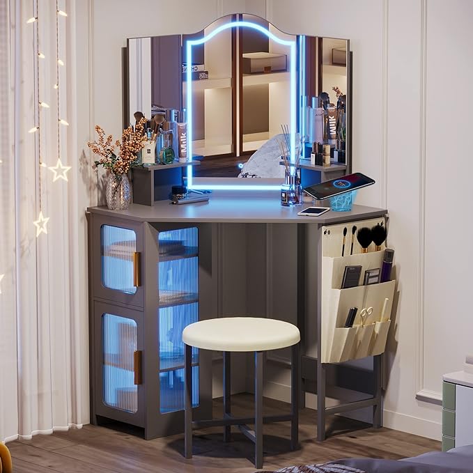 Lvsomt Corner Vanity Desk with Mirror and Lights Makeup Vanity with Charging Station