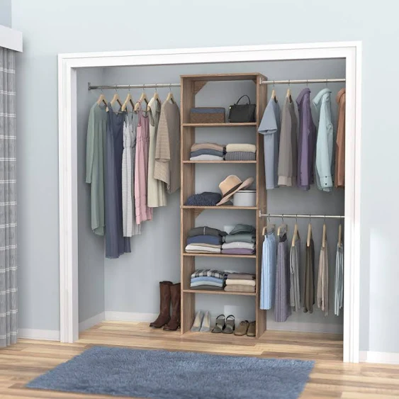 ClosetMaid SuiteSymphony Wood Closet Organizer Starter Kit with Tower and 3 Hang Rods, Shelves, Adjustable, Fits Spaces 5 – 10 ft. Wide, Natural Gray, 25"