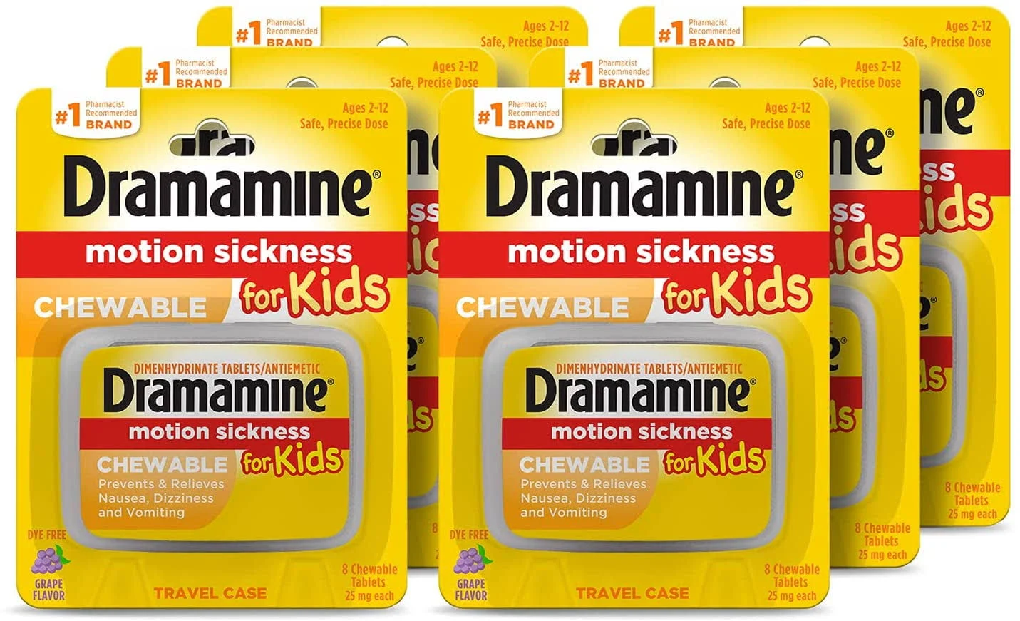 Dramamine Motion Sickness for Kids, Chewable, Dye Free, Grape flavored, 8 Count, 6 Pack