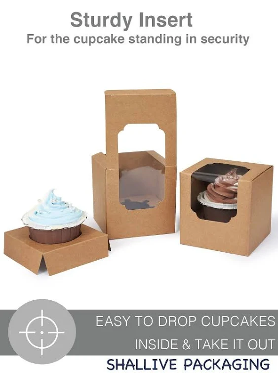 Shallive Kraft Cupcake Boxes Individual 60 Pcs with Inserts, Cocoa Bomb Packaing Single Brown Cupcake Containers Paper 35 Holder