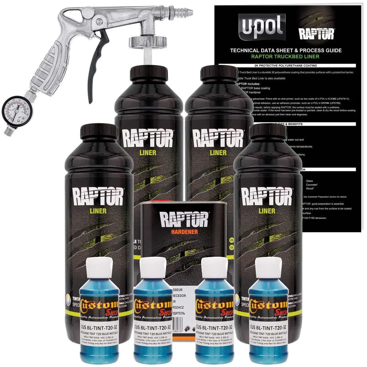 U-POL Raptor Blue Metallic Urethane Spray-On Truck Bed Liner Kit w/ Free Spray Gun, 4 Liters