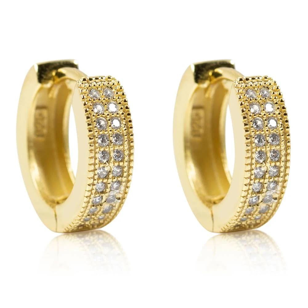 Mens Iced One Row Cz Small 14k Gold Plated Octagon Huggie Hoop Earrings