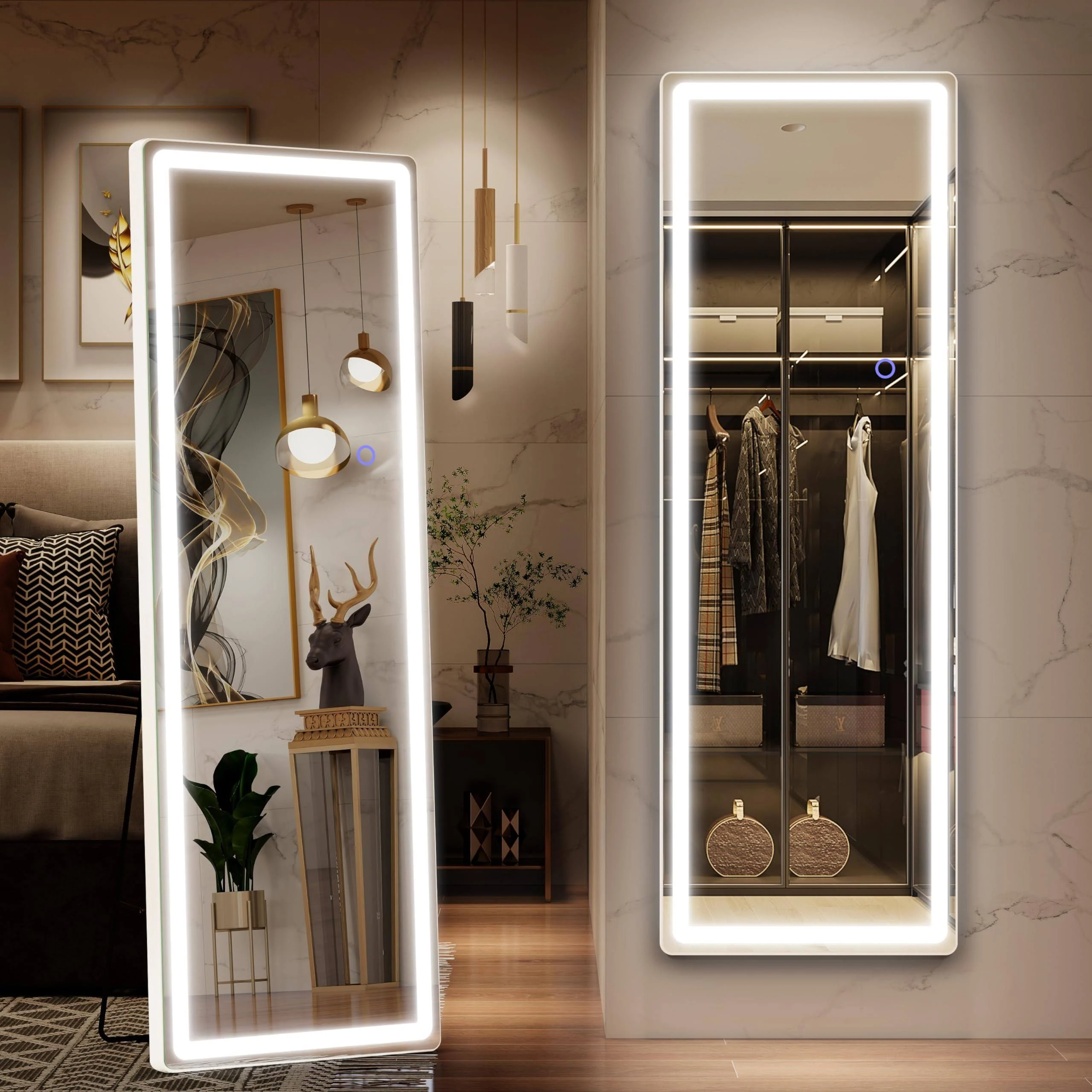 FENNIO Full Length Mirror with Lights, LED Full Body Mirror, Free Standing Lighted Floor Mirror, Wall Mounted Hanging Mirror with Lights for Bedroom, Dimmable & 3 Color Lighting (Black, 70" x 32")