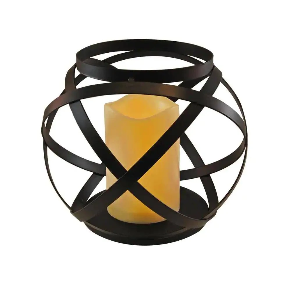 Lumabase Black Banded Metal Lantern with Battery Operated Candle