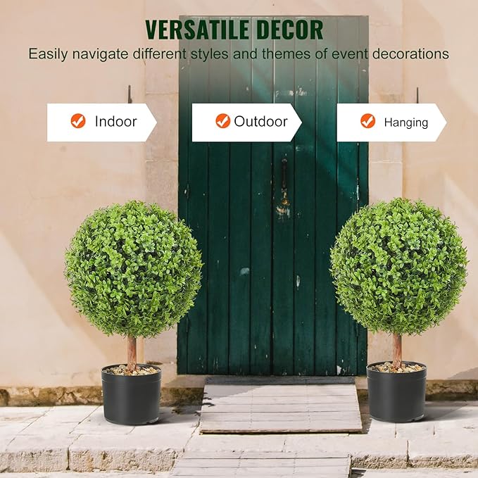 VEVOR Artificial Topiaries Boxwood Trees, 24 inch Tall (2 Pieces), Ball-Shape Faux Topiaries Plant with Planters, Green Feaux Plant w/Replaceable Leaves & Port for Decorative Indoor/Outdoor/Garden