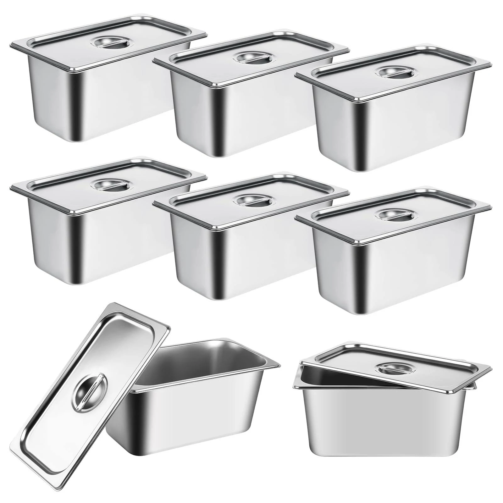 8 Pack Stainless Steel Hotel Pans 1/3 Size x 6" Deep Steam Table Pan with Lids Commercial 22 Gauge Food Storage Containers Catering Metal Steamer Pan Anti Jam Steam Table Pan Restaurant Warm Pans